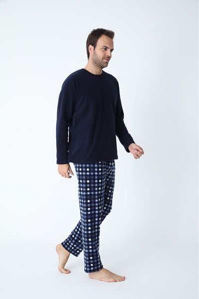 PİJAMOOD Σετ ανδρικές πιτζάμες φλις καρό Navy Blue