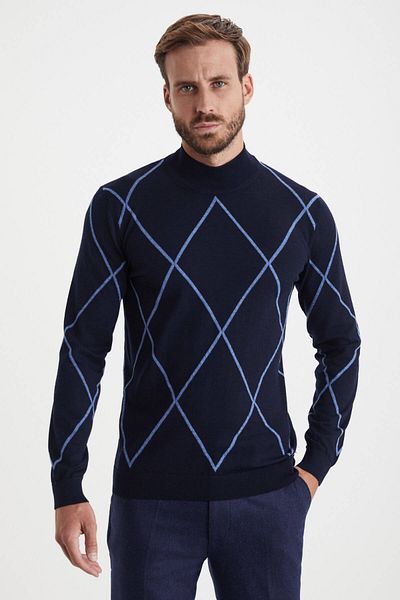 Hemington Argyle Patterned Half Turtleneck Merino Wool Navy Blue Knitwear