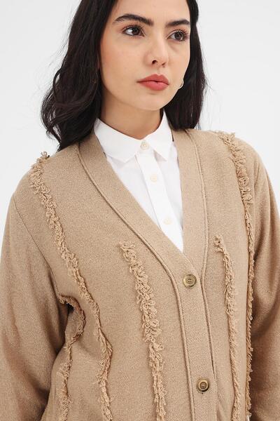 Uludağ Triko Women's Milk Coffee Tasseled Long Cardigan
