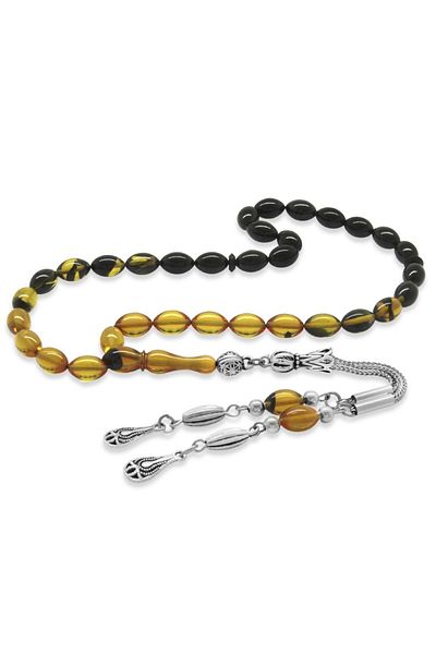 Tesbihane Non-Tarnish Metal Water Drop Tasseled Barley Cut Wrist Length Straining Yellow-black Fire Amber Prayer Beads