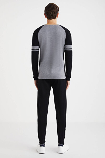 Hemington Bisiklet Yaka Merino Yün Desenli Açık Gri Siyah Kazak