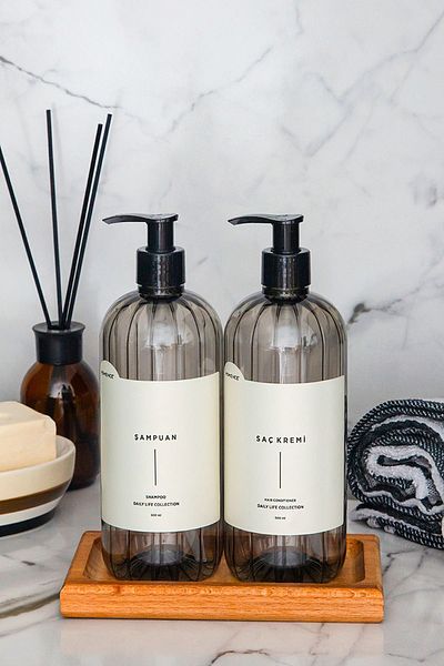 homence Set of 2 Smoked Soap Dispenser Shampoo and Conditioner Plastic Bottles - 500 ml