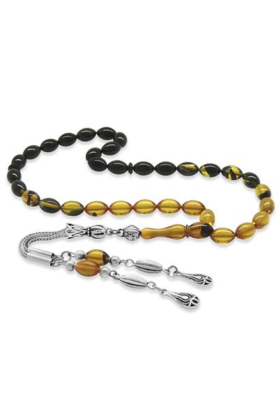 Tesbihane Non-Tarnish Metal Water Drop Tasseled Barley Cut Wrist Length Straining Yellow-black Fire Amber Prayer Beads