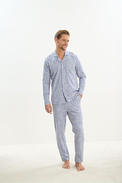 Sevim Мъжка пижама с дълъг ръкав, яка и копчета отпред, 100% памук, син цвят, 9522