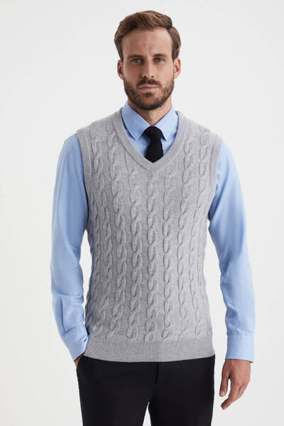 Hemington Örgü Desen Açık Gri Lambswool Yün Triko Süveter