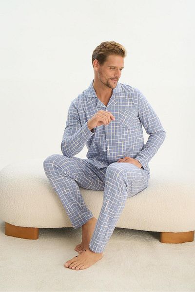 Sevim Men's Long Sleeve Shirt Collar Front Button 100% Cotton Blue Pajamas Suit 9522