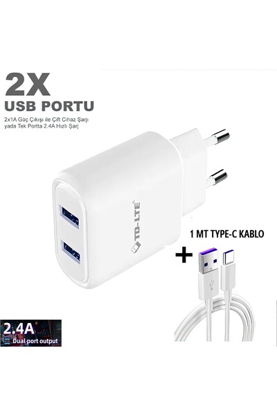 İYONZE 5V  2.4A ÇİFT USB ÇIKIŞLI ŞARJ ALETİ + 1MT TYPE-C ŞARJ KABLOSU