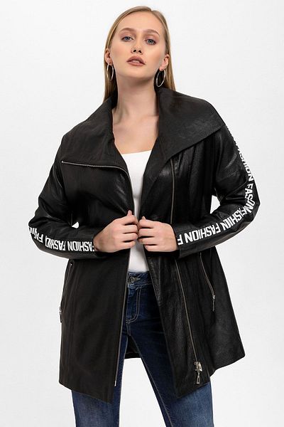 Deriderim Black Lori Front Cross Zippered Belted Raglan Sleeve Fashion Written Genuine Leather Women's Coat