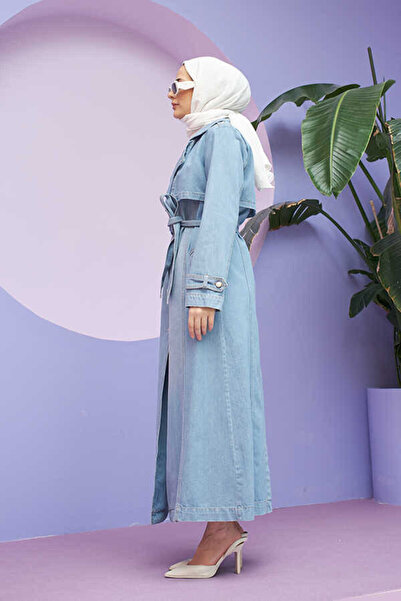 Neways 6458-Allerli Denim Trençkot Mavi