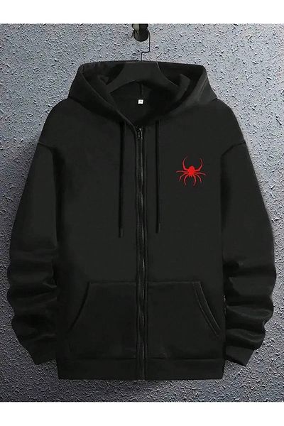 pandy Black Spider Printed Unisex Hooded Kangaroo Pocket Oversize Seasonal Zippered Sweatshirt / Cardigan