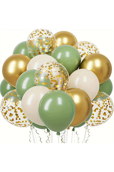 BalonEvi Küf Yeşili Krom Gold Kum Beji Şeffaf Balon Gold Pul Balon Seti Doğum...