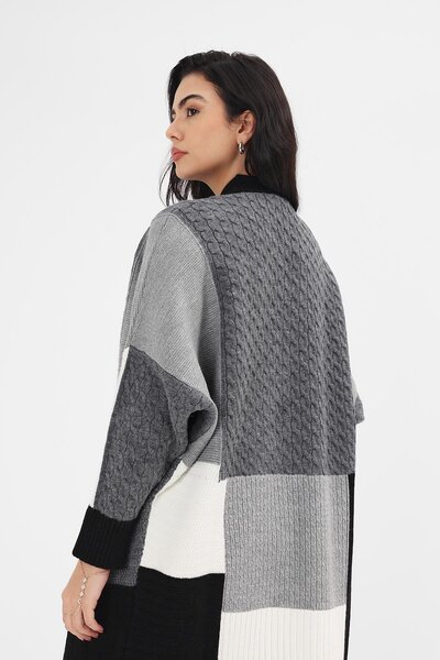 Uludağ Triko Women's Black Buttoned V-Neck Long Patchwork Pattern Knitwear Cardigan