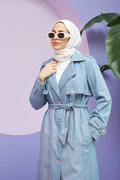 Neways 6458-Allerli Denim Trençkot Mavi