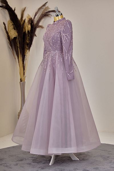 Surikka Lilac Mila Evening Dress - Draped Front and Embroidered Appliques