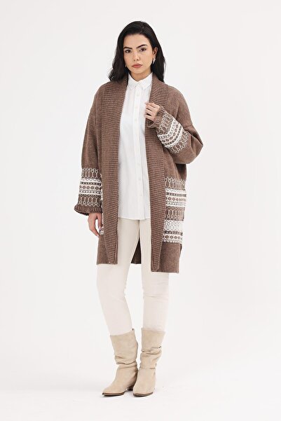 Uludağ Triko Kadın Vizon Etnik Desen Şal Yaka Triko Uzun Hırka