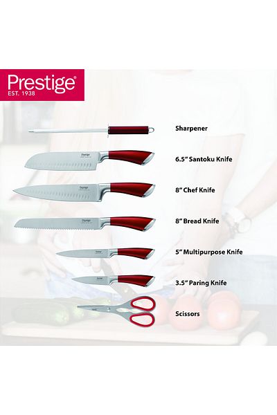 Prestige 8-piece knife set with acrylic stand |  laser-cut rust-free stainless steel blade ( RED )