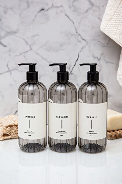 homence 3'lü Şampuan Duş Jeli Saç Kremi Etiketli Plastik Şişe Banyo Seti Füme Sabunluk 500 ml