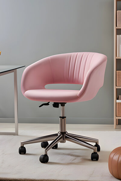 SandalyeDeposu Gen Krom Ayaklı Çalışma Koltuğu (Pembe Kumaş)