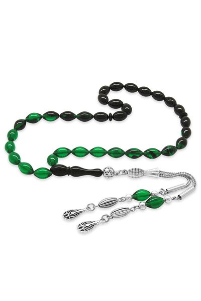Tesbihane Non-Tarnish Metal Water Drop Tasseled Barley Cut Filtered Green-black Fire Amber Prayer Beads