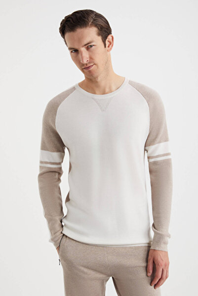 Hemington Bisiklet Yaka Merino Yün Desenli Beyaz Camel Kazak