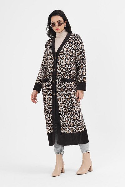 Uludağ Triko Cardigan lung de damă cu model leopard negru