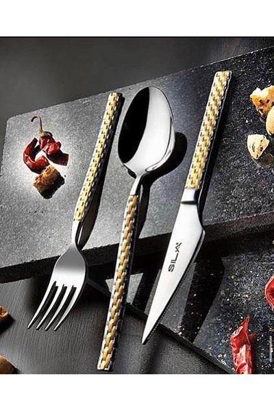 SILA 36 Pcs 6 Persons Straw Gold Fork Spoon Blade Set