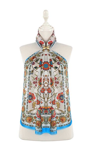 Bursa İpek Turquoise Lilies Pattern Voile Silk Scarf