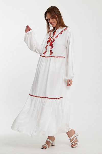 Denismoda Magnificent Collar Embroidered Lace-up Long Balcony Sleeve Women's Dress