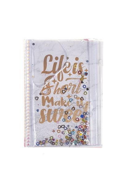 VUKİ A5 Notebook with White Marble Glitter and Watery Cover Pen Case