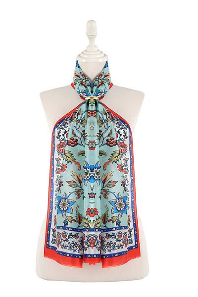Bursa İpek Saks Lilyum Pattern Voile Silk Scarf