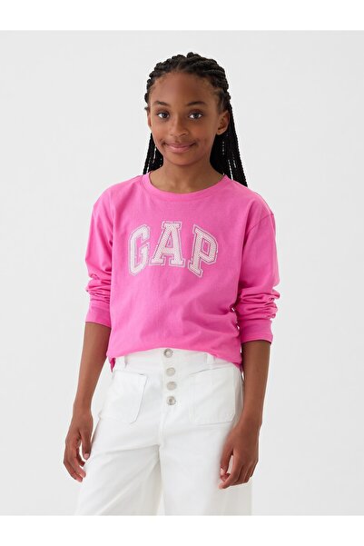 GAP Kız Çocuk Pembe %100 Organik Pamuk Logo Relaxed T-Shirt