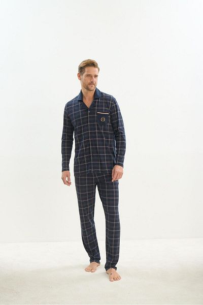 Sevim Navy Blue Plus Size Pajamas Set - Long Sleeve, Shirt Neck, Front Button C8T3N5O9