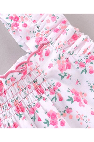 Babyhug Babyhug Frill Sleeves Top with Smocking & Frill Detailing Floral Print - White & Pink