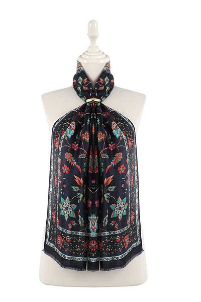 Bursa İpek Navy Blue Lilies Pattern Voile Silk Scarf