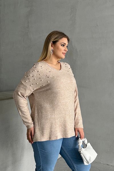 Stil Diva Pulover cu decolteu în V de mărime mare, cu detaliu pe umăr, brodat cu margele 302776
