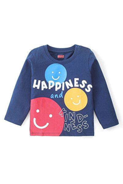 Babyhug تي شيرت 100% قطن محبوك بأكمام طويلة مطبوع عليه عبارة Happiness - أزرق...