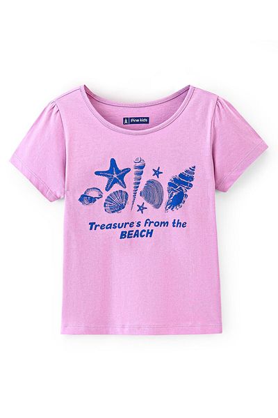 Pine kids 100% Cotton Half Sleeves Shimmer Chest Printed Bio Washed T-Shirt - Orchid Bouquet