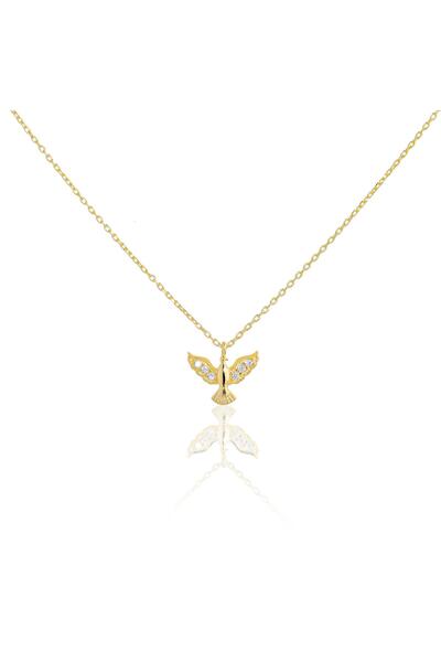 Spossy Silver Jewelry 925 Ayar Gümüş, 14 Ayar Gold, Taşlı Minimal Kuş Kolye