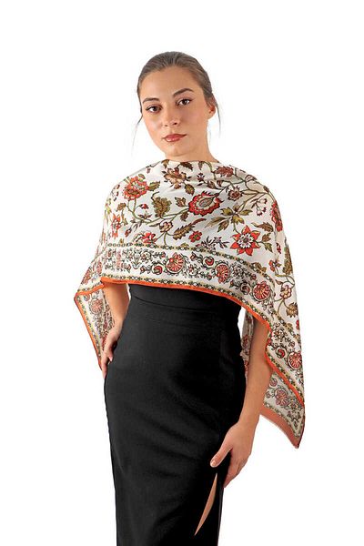Bursa İpek Cinnamon Lilies Pattern Voile Silk Scarf