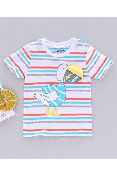 Babyoye تي شيرت مخطط بأكمام نصفية من القطن بنسبة 100% مع لمسة نهائية صديقة لل...