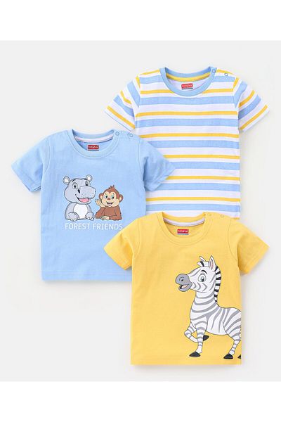 Babyhug تي شيرت قطني جيرسي بأكمام قصيرة وخطوط وطبعات حيوانية - عبوة من 3 قطع - أصفر وأزرق