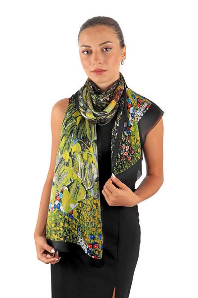 Bursa İpek Green Sunflower Silk Painting Scarf