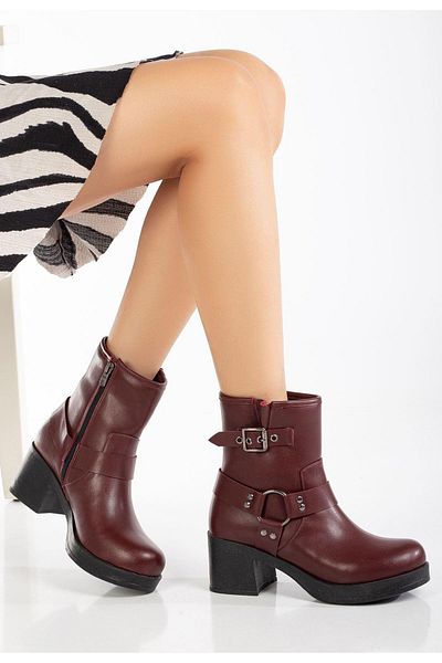 Aymood 5109-3042 Claret Red αγκράφα Αξεσουάρ με φερμουάρ Χοντρό τακούνι καθημερινές γυναικείες μπότες