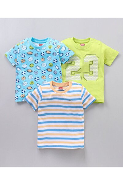 Babyhug تي شيرت قطني بأكمام نصفية مطبوع عليه رسومات كرة قدم ومخططة، عبوة من 3...