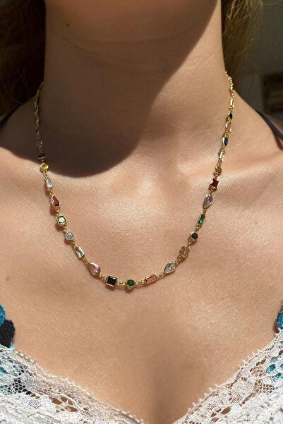 Spossy Silver Jewelry 925 Ayar Gümüş, 14 Ayar Gold, Renkli Geometrik Taşlı Kolye