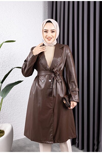 HARMAN BUTİK Kadın Deri Cepli Kuşaklı Trençkot