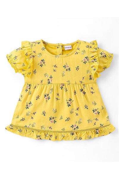 Babyhug Rayon Woven Half Sleeves Top with Lace & Frill Detailing Floral Print - Yellow