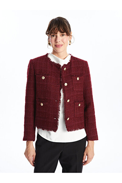 LC Waikiki Γυναικείο Tweed μπουφάν LCWAIKIKI Classic Burgundy με λαιμόκοψη