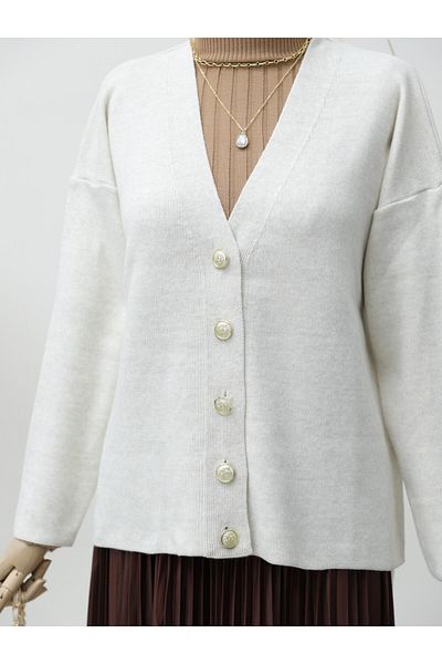 Modamorfo Cream Color Metal Buttoned Knitwear Cardigan