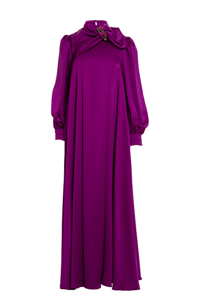 GİZİA Yakası Taş Detaylı Uzun Kollu Pembe Uzun Elbise